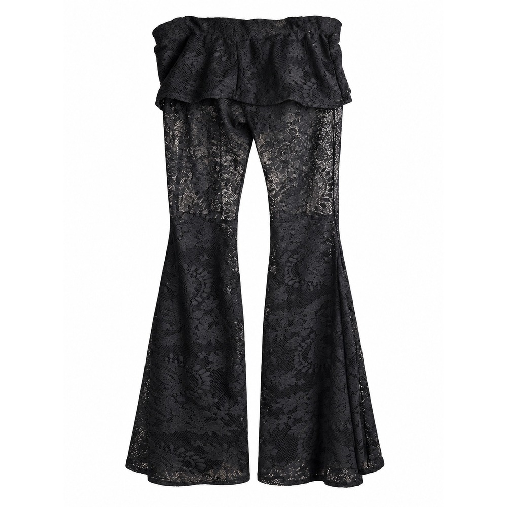 Kucoon Black Lace Bell Bottom Pants Medium Sheer Floral Ruffle Y2K Boho